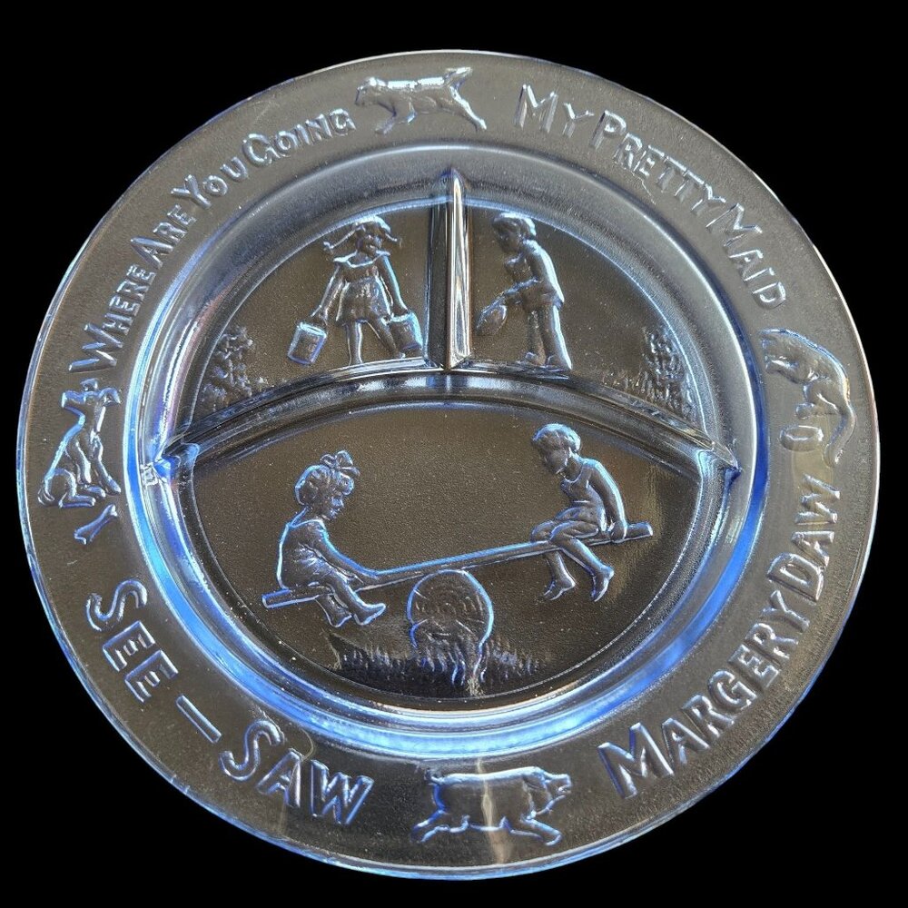 Vintage Nursery Rhyme Childs Plate See-Saw Margery Daw Design Collectible Blue